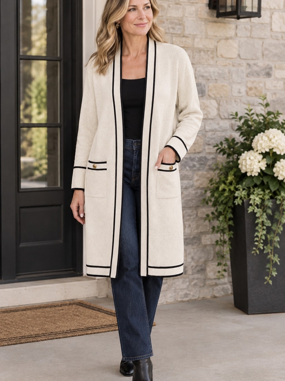 Vila Milano Cream Open-Front Cardigan with Black Trim